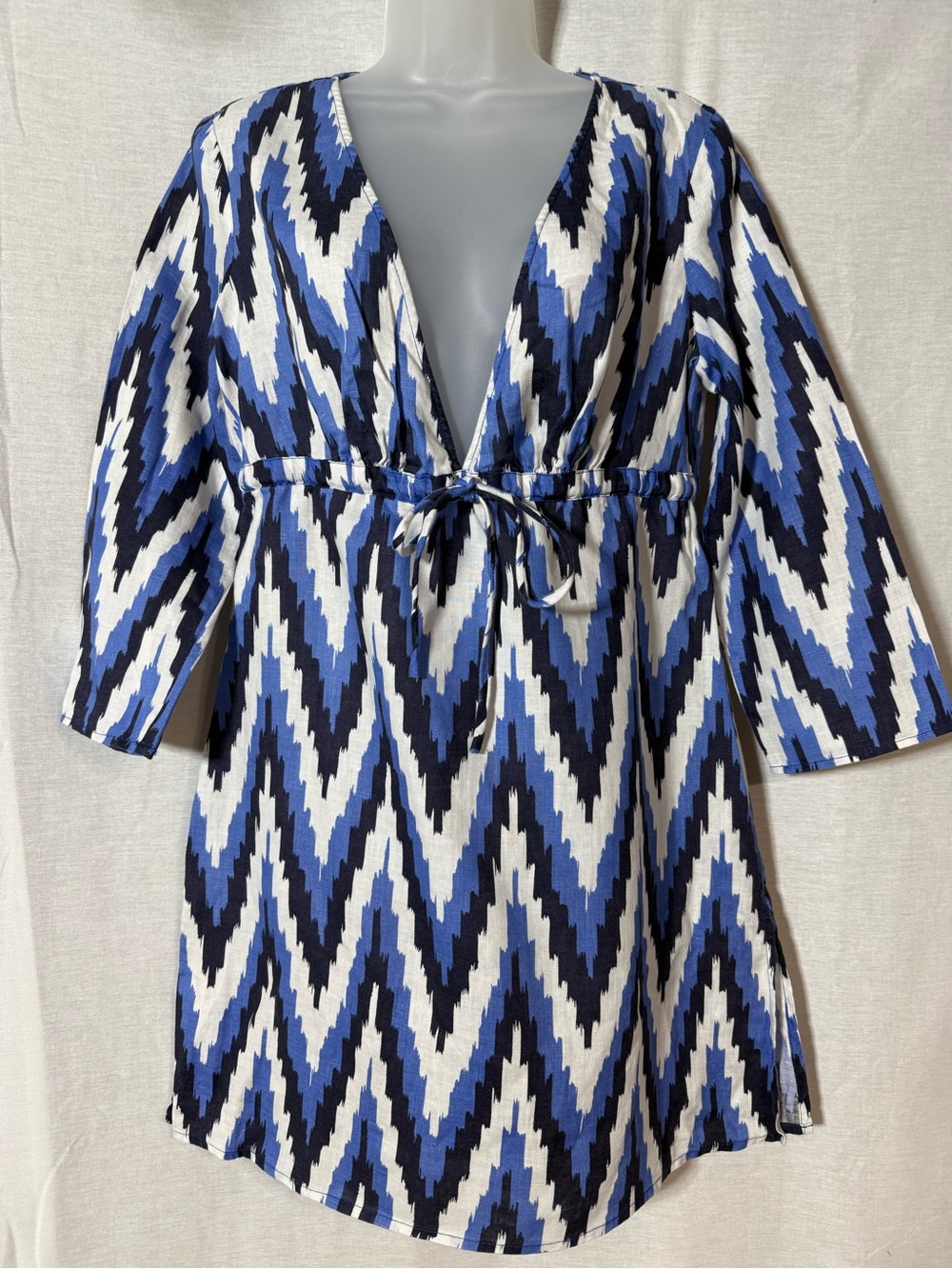 Talbots 100% Linen Blue Caftan Tie-Front Size Small